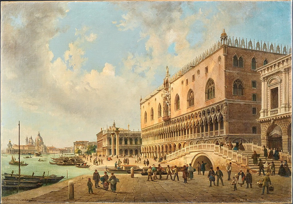 Il Palazzo Ducale, la Piazzetta e la Biblioteca a Venezia, con al di là Santa Maria della Salute